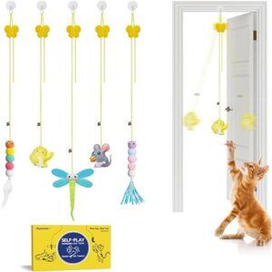 Interactive Cat Feather Toys 5 Pcs, Cat Teaser Retractable Hanging